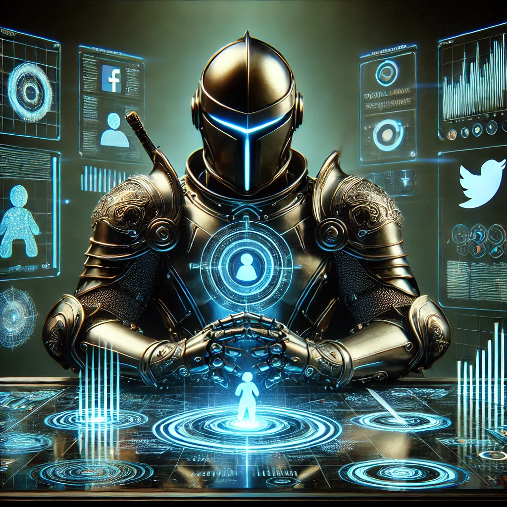 DALL·E 2024-11-10 03.47.45 - A digital knight, dressed in modern armor with a sleek, tech-inspired design, sitting at a futuristic holographic table, analyzing digital marketing s